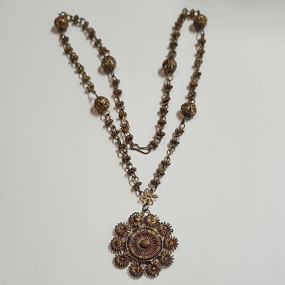 A Fire Gilded BrassCopper Filigree Womans Reliquary Necklace Tambourine 250$